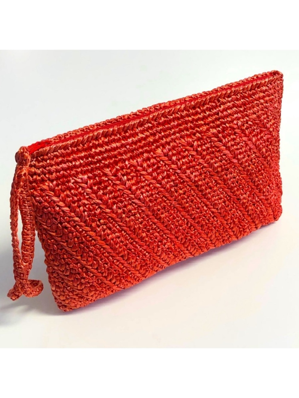 Vintage 1970’s Tianjin Red Woven Raffia Straw Clutch Bag With Wristlet Strap